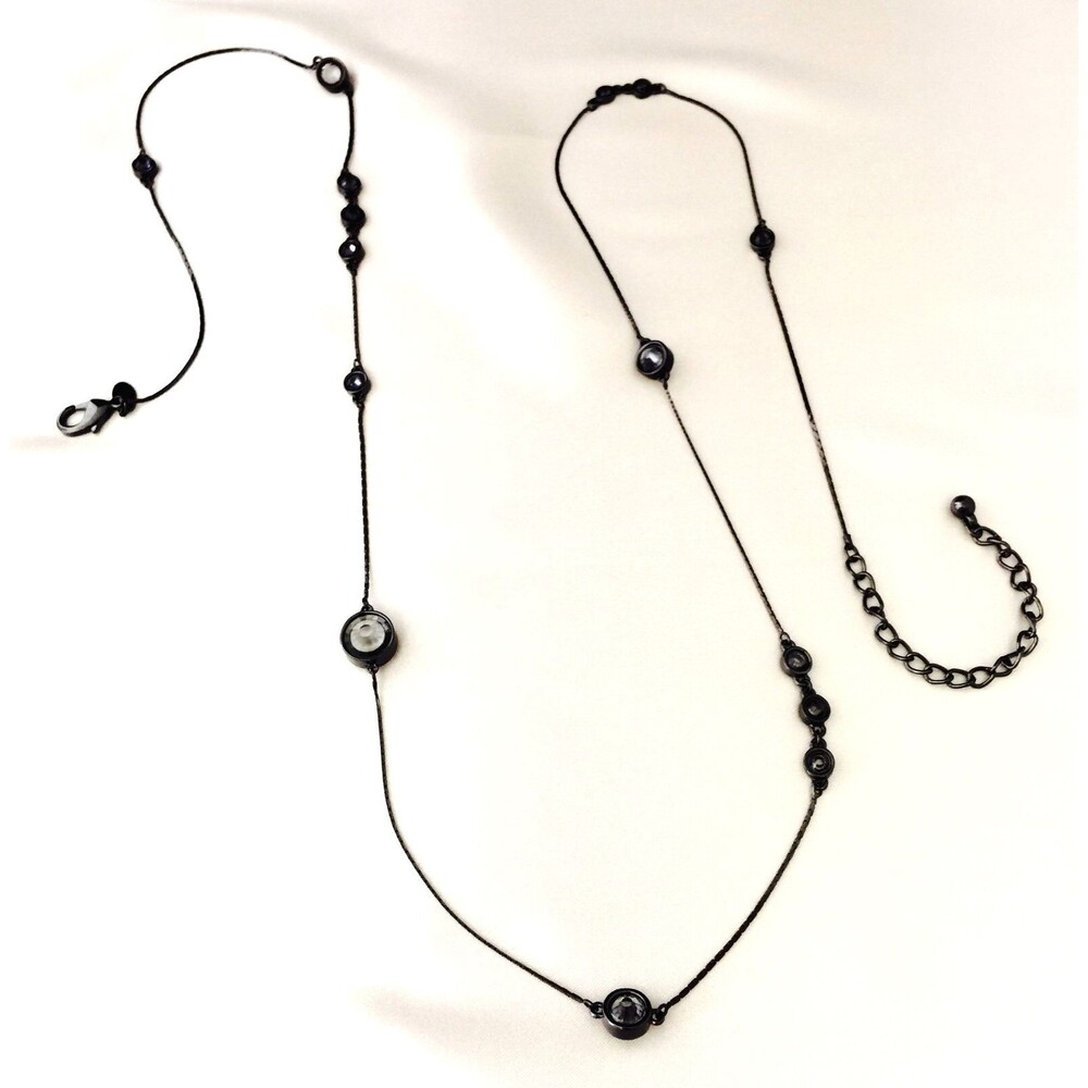 New Chico's Layering Necklace Bezel Set Glass Stones Hematite Toned - 8E